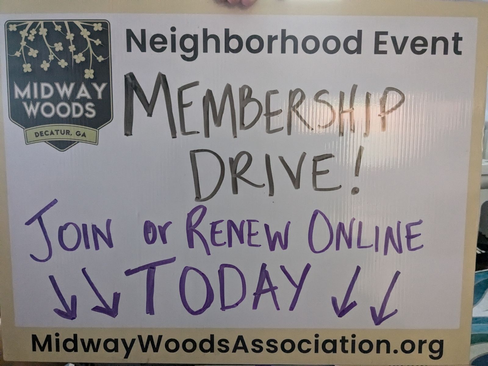 Midway Woods Association Membership Drive sign